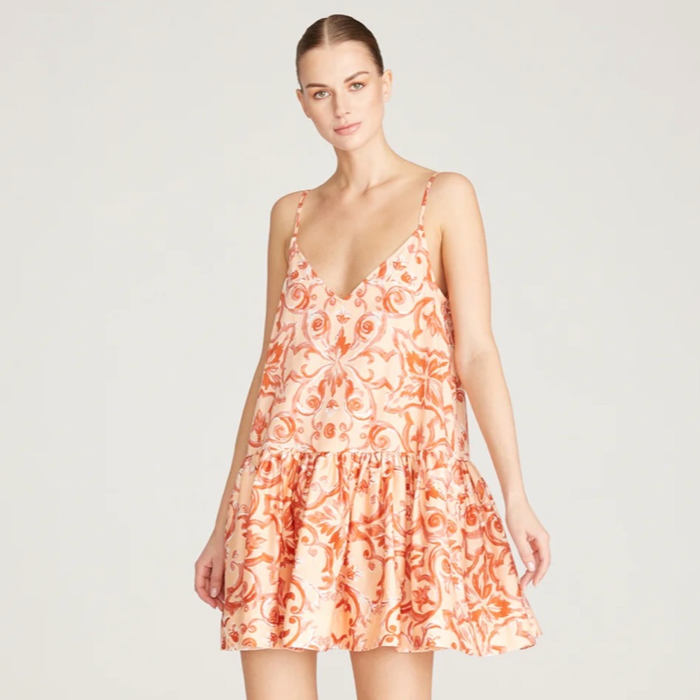 🌟AMUR 🌟 ANGELA TIERED MINI ORGANIC COTTON DRESS APRICOT BAROQUE ORANGE SZ 0